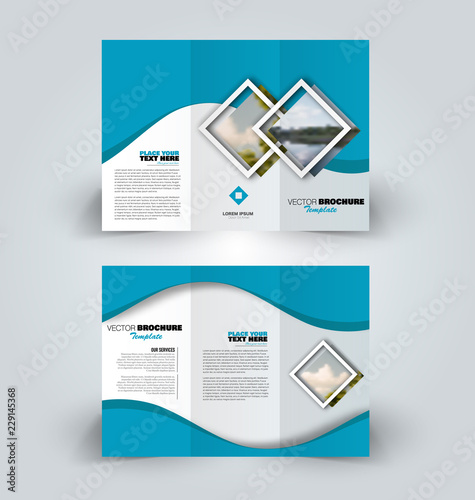Brochure design. Creative tri-fold template. Abstract geometric background leaflet layout. Blue color vector illustration.