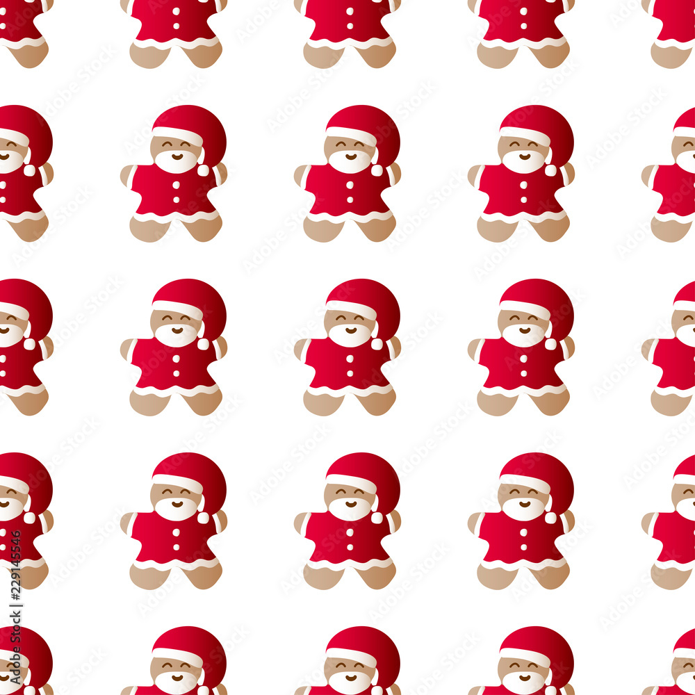 Vector illustration seamless pattern with icons of gingerbread men with red Santa Claus' clothes and beard on a white background