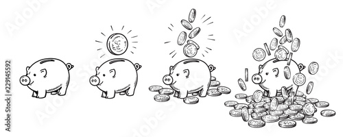 Cartoon piggy bank set. Empty, with one coin, with falling coins, heaped over money. Wealth and success concept. hand drawn vector illustration.