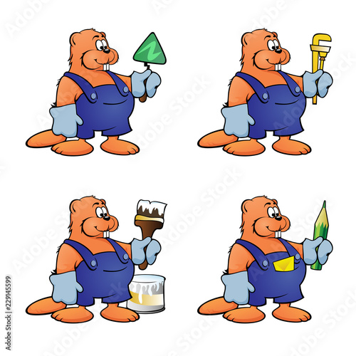 Four cartoon beavers in different construction images on a white background