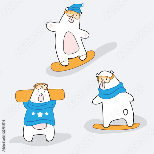 Set of polar bear characters in clothes on a snowboard photo