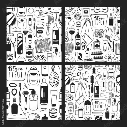 Set of Hand drawn seamless patterns with cosmetics. Vector illustration. Actual background with beauty products. Original doodle style drawing Bath Things. Creative ink art work