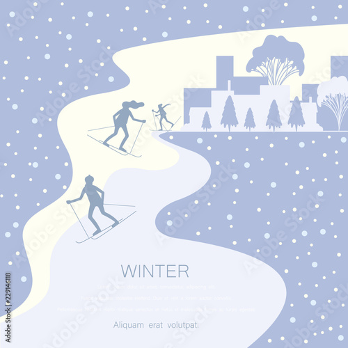 Wallpaper Mural Blue winter background with people doing sport, skiing in city park. Torontodigital.ca