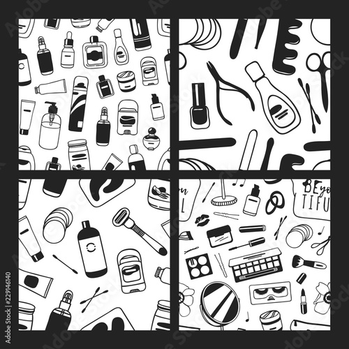 Set of Hand drawn seamless patterns with cosmetics. Vector illustration. Actual background with beauty products. Original doodle style drawing Bath Things. Creative ink art work
