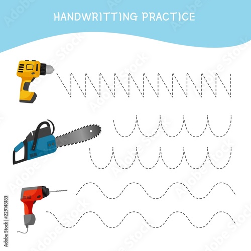 Handwriting practice sheet. Basic writing. Educational game for children.  Cartoon instruments.