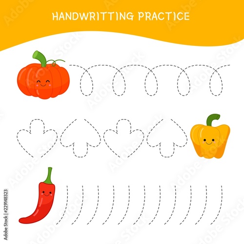 Handwriting practice sheet. Basic writing. Educational game for children.  Cartoon vegetables.