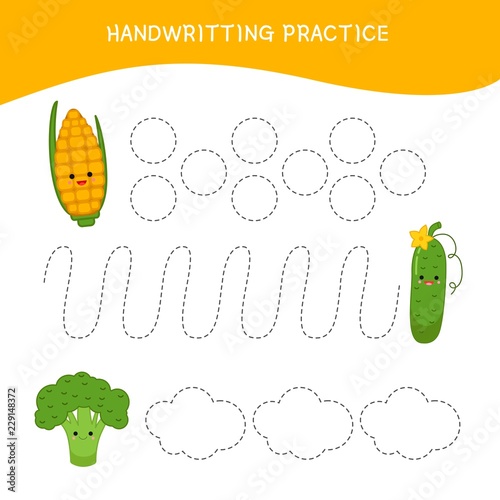 Handwriting practice sheet. Basic writing. Educational game for children.  Cartoon vegetables.