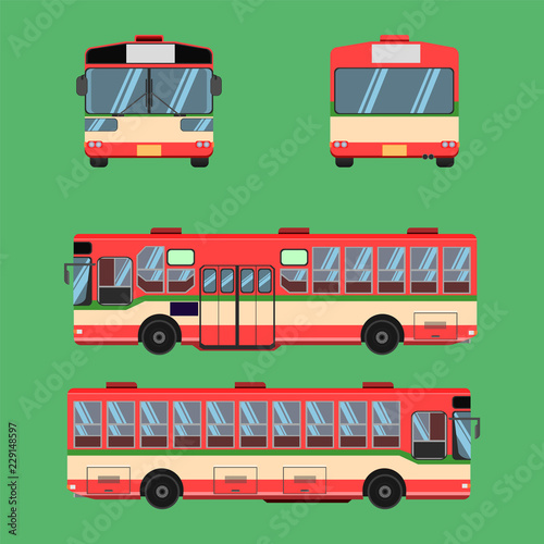 thai bus red green white transport car vehicle driver fare passenger autobus omnibus coach rail bench chair stool armchair seat mattress bolster hassock pad vector illustration