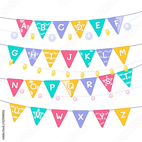 Cute english illustrated alphabet. English letters A to Z set. Cute flags and garlands.