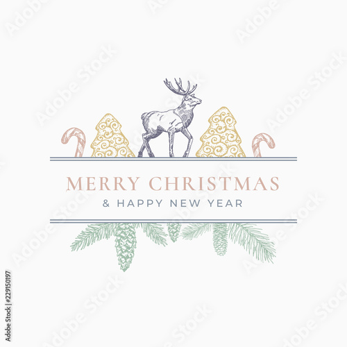 Merry Christmas Greeting Card or Label. Frame Banner with Vintage Typography and Hand Drawn Holiday Illustrations. Cookie  Candy Cane and Reindeer with Strobile Branch. Pastel Colors Layout. Isolated