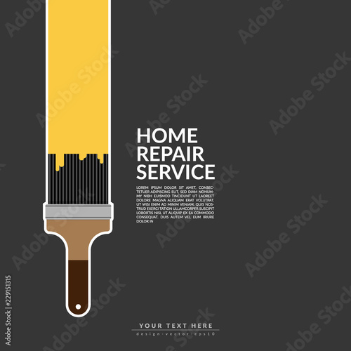 paint roller paint yellow color over house logo isolated on black background. creative home renovation service and painting concept, logo design template with space for your company text.