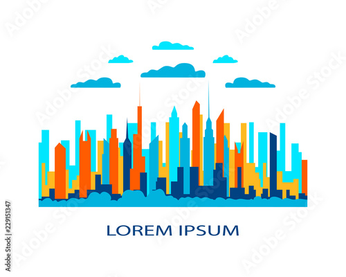 City landscape flat. Design urban illustration vector in simple minimal geometric  style with buildings, lake flowers and trees abstract background for header images for websites, banners, covers