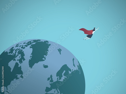 Businesswoman superhero flying around the world vector concept. Symbol of power, leadership, success.