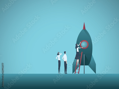 Startup business vector illustration with team of businesspeople and rocket. Symbol of innovation, invention, new technology.