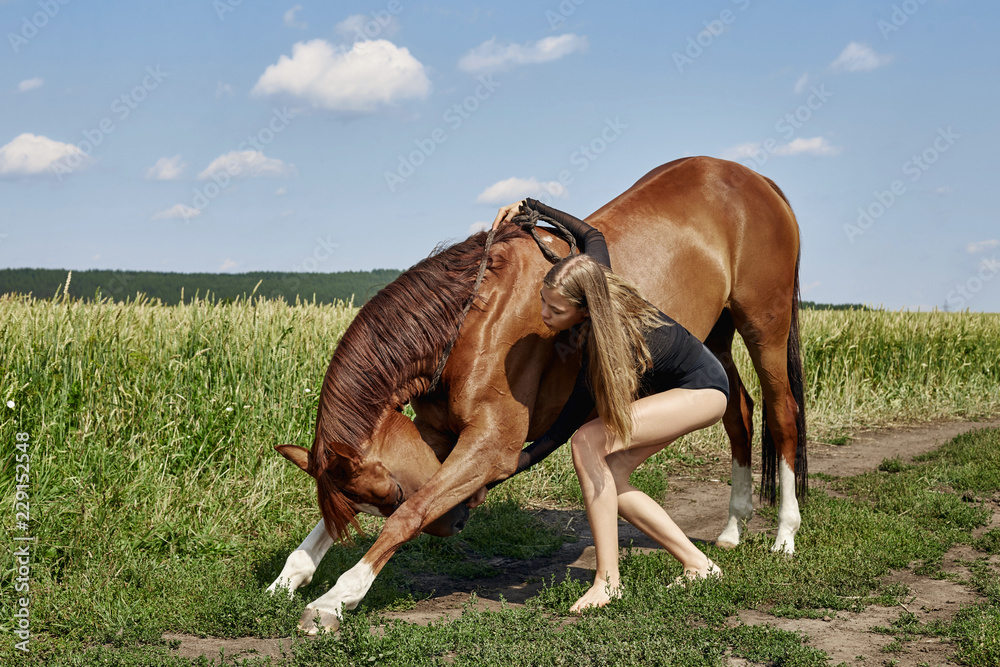 Girl rider stands next to the horse in the field. Fashion portrait of a woman and the mares are horses in the village in the grass. Blonde woman holding a horse by the bridle, beautiful body Girl rider stands next to the horse in the field. Fashion portrait of a woman and the mares are horses in the village in the grass. Blonde woman holding a horse by the bridle, beautiful body