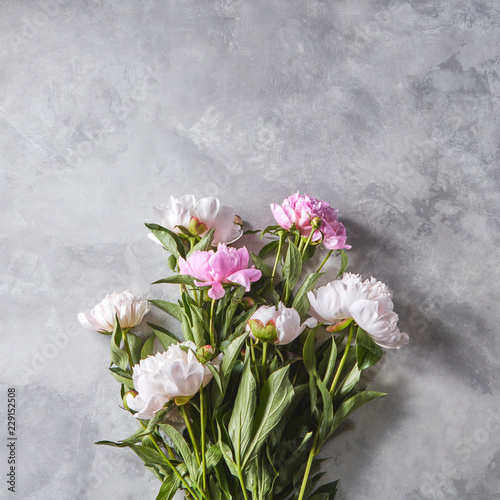 Pink peonies with green leaves and buds on a gray concrete background with space for text. Valentine's day bouquet. Flat lay