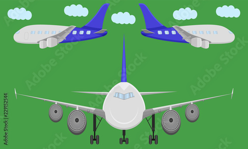 airplane transport sky fly flight wing jet side front view aviation cloud vector illustration