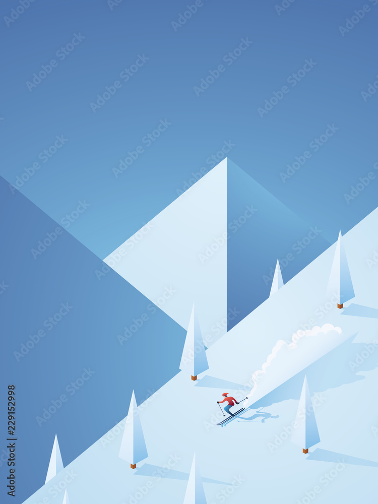 Extreme downhill skiing vector poster with freeriding skier going down the mountain in high speed. Winter holiday advertisement for ski resorts. - obrazy, fototapety, plakaty 