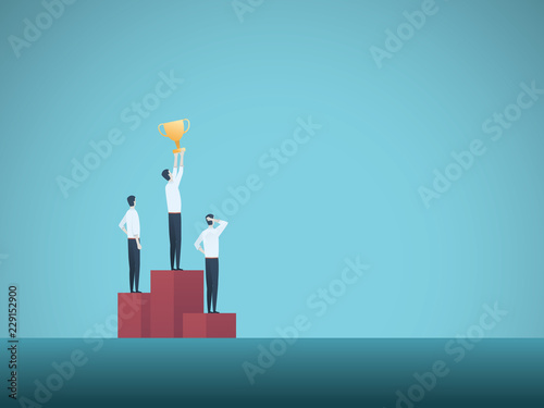 Business winner vector concept with businessman on podium holding trophy. Symbol of leadership, strength, power and success.