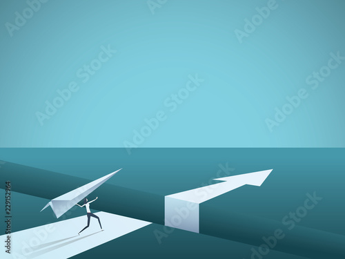 Business creative solution vector concept with businesswoman throwing paper plane over gap. Symbol of creativity, overcoming challenge, success and leadership.