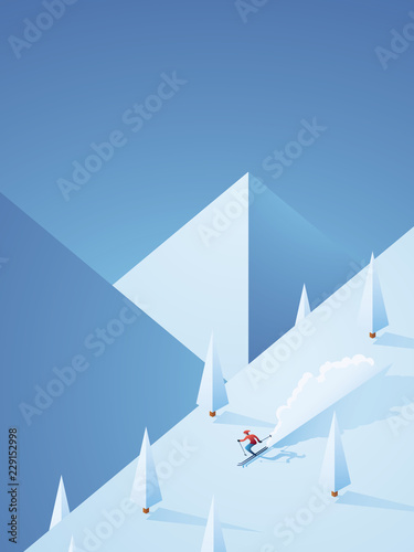 Extreme downhill skiing vector poster with freeriding skier going down the mountain in high speed. Winter holiday advertisement for ski resorts.