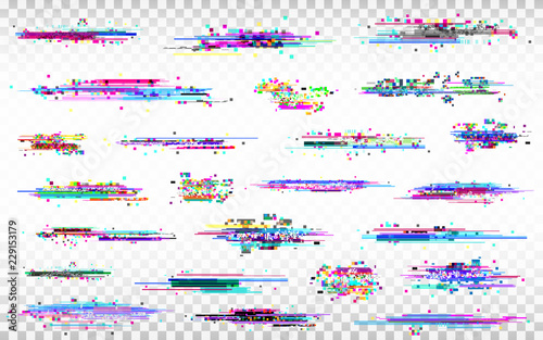Glitch elements set. Color distortions on transparent background. Abstract digital noise. Error collection. Modern glitch templates. Pixel design. Vector illustration photo