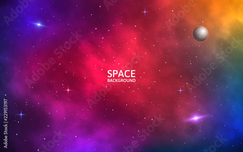 Space background. Realistic colorful galaxy. Color nebula with shining stars, stardust and planet. Abstract futuristic backdrop. Vector Illustration for brochure, banner, poster