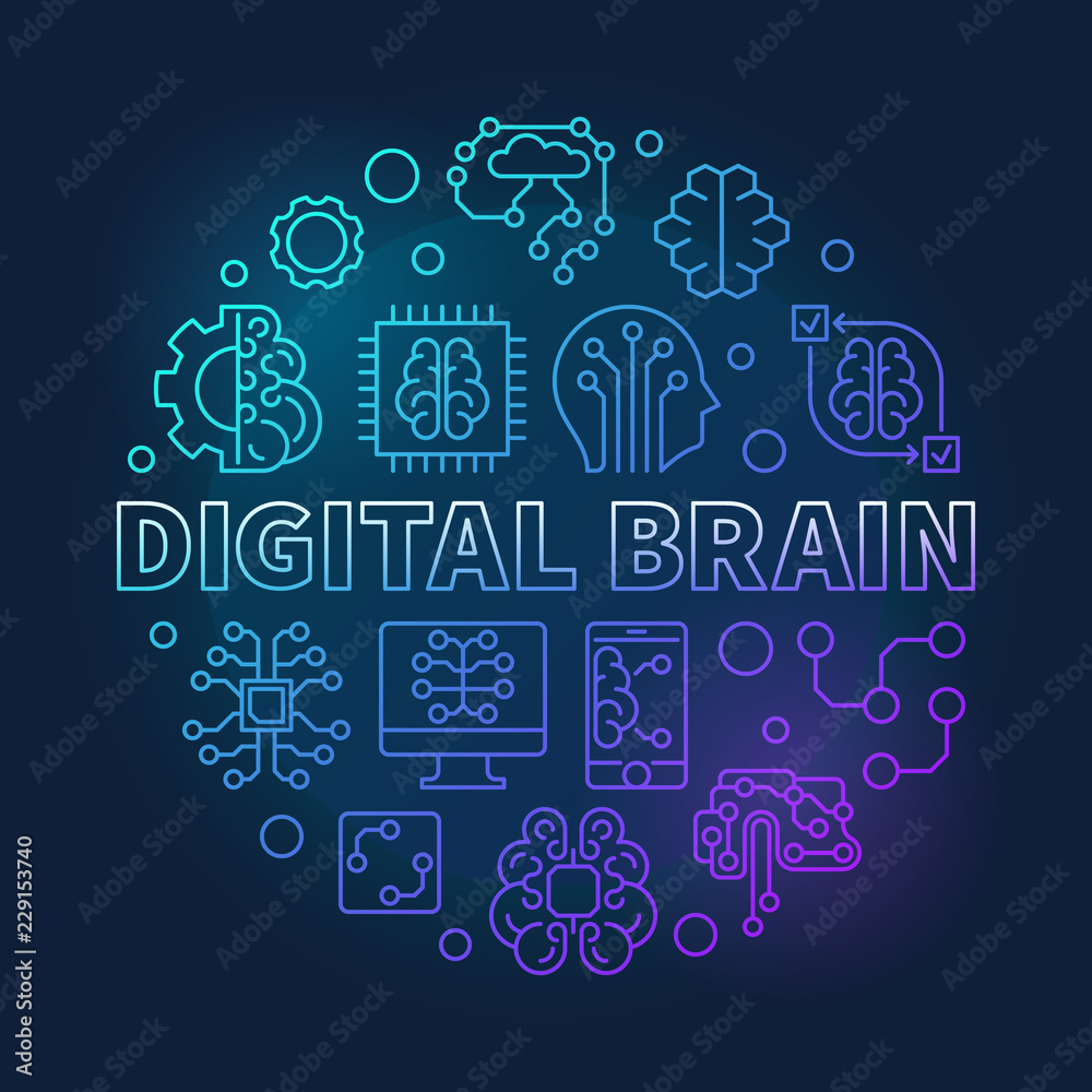 Naklejka premium Digital Brain round blue vector line concept illustration