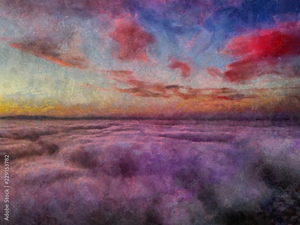 Hand drawing watercolor art on canvas. Artistic big print. Original modern painting. Acrylic dry brush background. Beautiful  travel landscape. Wild nature sunrise view. Wonderful violet large clouds