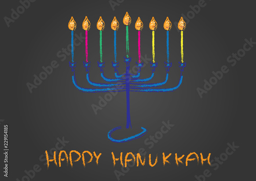 Happy Hanukkah card. Hand drawn Menora and colorful candles On black background