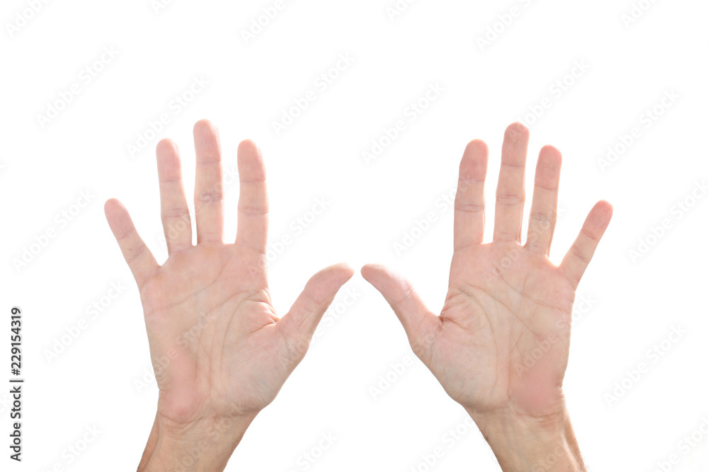 open caucasian man's hand isolated on white background with copy space open caucasian man's hand isolated on white background with copy space