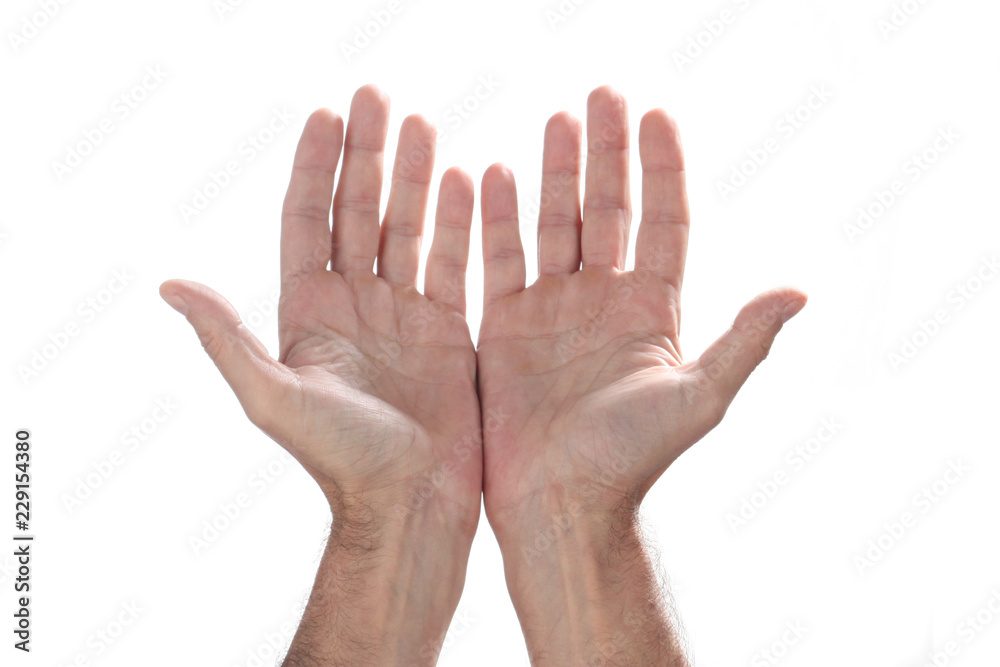 open caucasian man's hands isolated on white background with copy space open caucasian man's hands isolated on white background with copy space