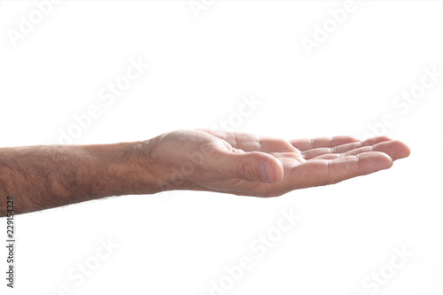 open caucasian man's hand isolated on white background with copy space © Andrea