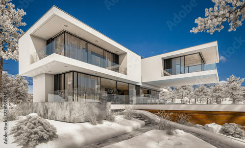 3d rendering of modern cozy house by the river with garage. Cool winter day with shiny white snow. For sale or rent with beautiful mountains on background   © korisbo