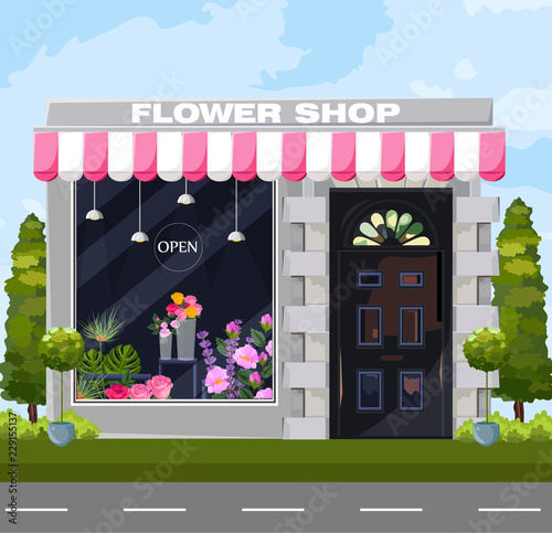 Flowers shop facade Vector. Architecture detailed cartoon style illustrations
