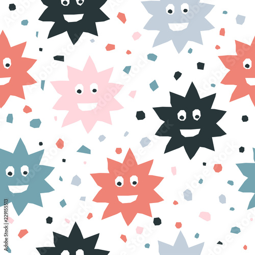 Abstract handmade seamless pattern. Childish craft wallpaper for birthday card, baby nappy, school party advertising, shop sale poster, holiday wrapping paper, textile, bag print, t shirt etc.