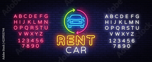 Rent car neon emblem vector design template. Trade Car neon signboard, light banner design element colorful modern design trend, night bright advertising, bright sign. Vector. Editing text neon sign