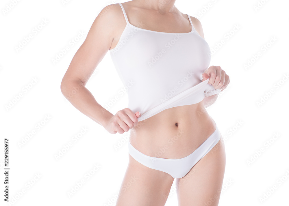 Female cropped fit body in white panties and top, isolated on white. Female cropped fit body in white panties and top, isolated on white.