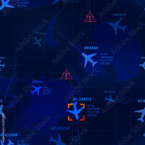 Detailed blue military radar with airline routes and target signs seamless pattern