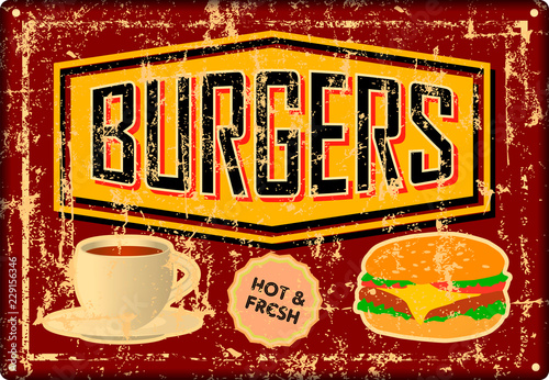 grunge retro Burger, Hamburger, diner tin sign, vintage advertising signage vector