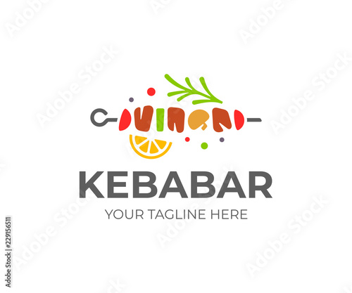 Shish kebab logo design. Meat skewer with vegetable vector design. Grilled meat skewers logotype