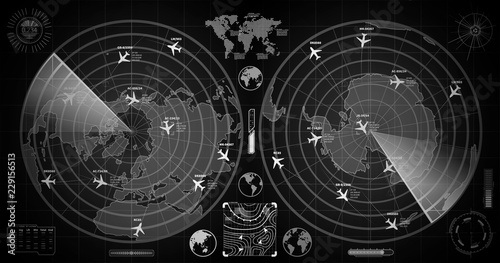 Detailed dark military radar with two displays with with planes traces and target signs