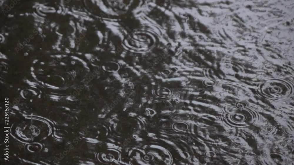 Water drops falling into puddle on asphalt. Slow motion. Water drops falling into puddle on asphalt. Slow motion.