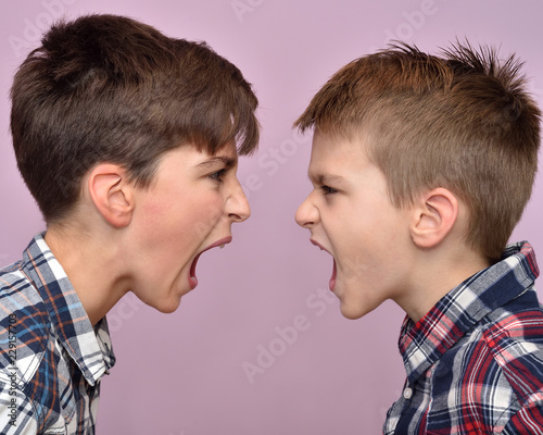 Slika na platnu Two angry brothers standing face to face, quarreling, shouting and looking at ea