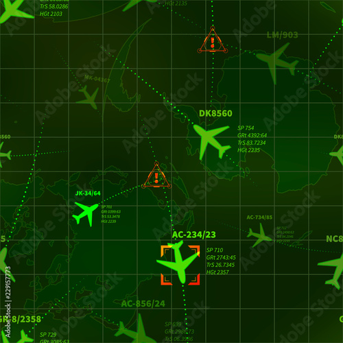 Detailed green military radar with planes traces and target signs seamless pattern