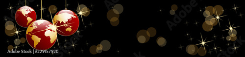 Christmas tree, vector header in black. Balls in the shape of planet earth, background