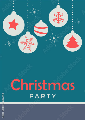 Vector christmas party invitation with balls on christmas tree. Holiday background and design banner in retro style. Vector flat template in red and blue