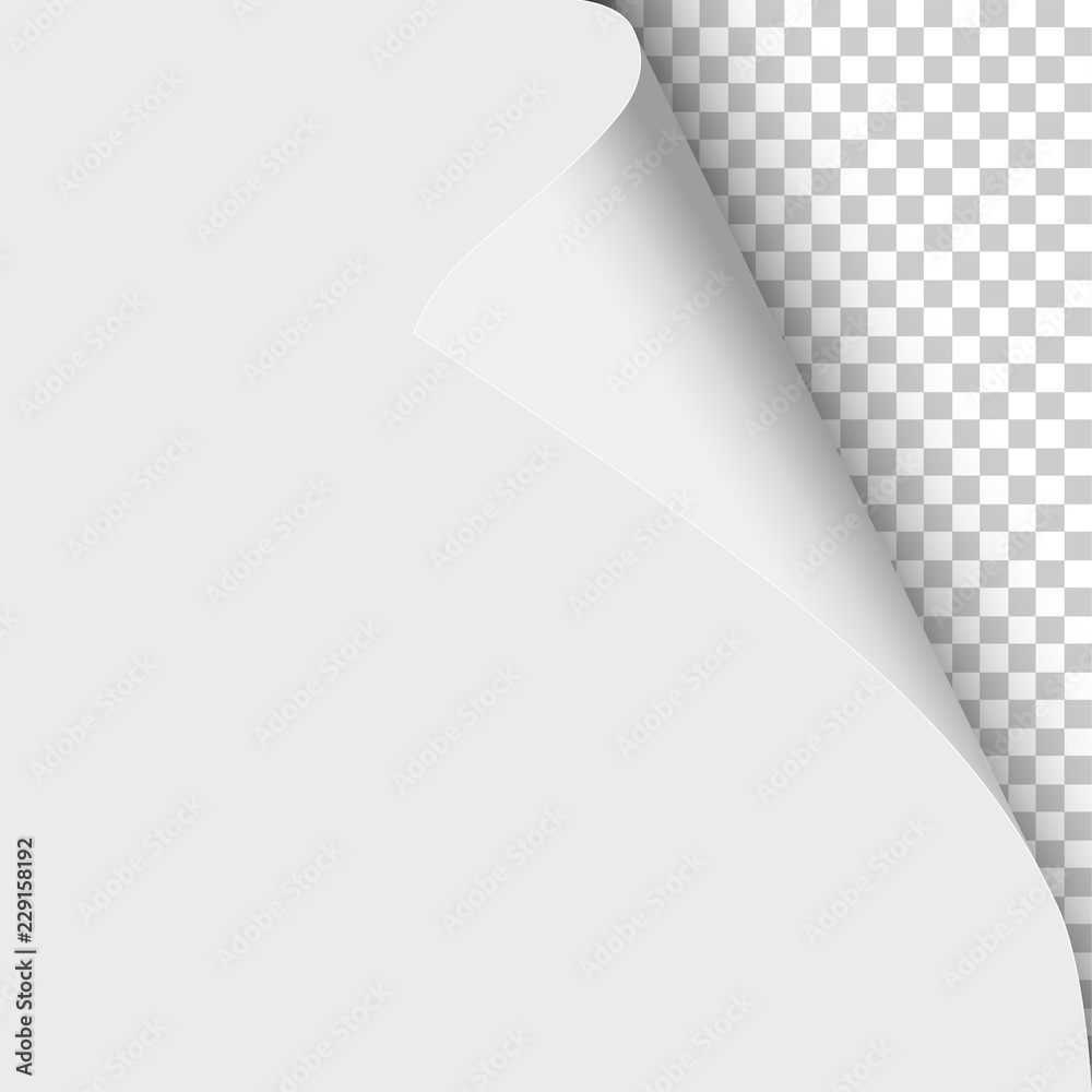 Sheet of white paper with curled corner and soft shadow on transparent background. Element with space for text and ad. Template paper design. Vector illustration. Sheet of white paper with curled corner and soft shadow on transparent background. Element with space for text and ad. Template paper design. Vector illustration.