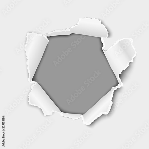 Vector snatched middle of white paper with torn edges, soft shadow and space for text. Damaged sheet with gray background for ad and other aims. Template paper design.