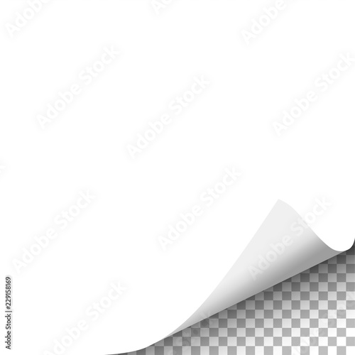 Vector sheet of white paper with curled lower right corner and soft shadow placed on transparent background. Element with space for text and ad. Template paper design. Vector illustration.